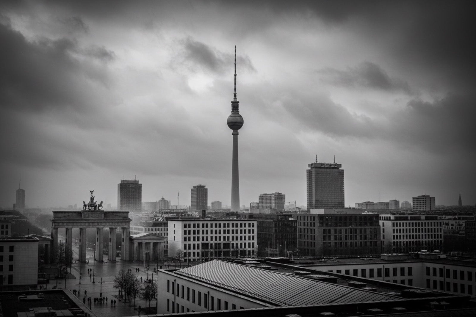 Schwarz-weiße Berliner Skyline mit Fernsehturm und Brandenburger Tor